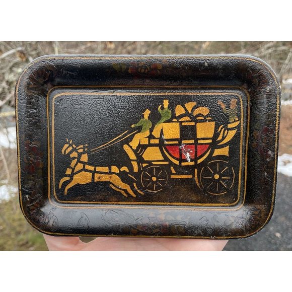 Vintage Hand Painted Toleware Rectangular Diminutive Tray Tip Snack Black Gold - Picture 2 of 16